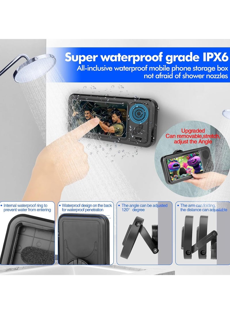 Shower Phone Holder with Wireless Bluetooth Speaker, Waterproof 480 Rotation Viewable Shower Phone Stand Case Mount Speakers for Bathroom Wall Mirro for 4"- 6.8" Cell Phones(Black) - Image 4