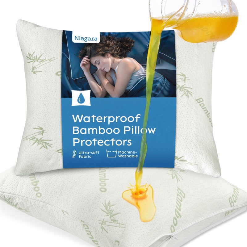 Niagara Sleep Solution 100 Waterproof Pillow Protectors Standard 20x26 Pair Zippered Pillow Case Pillow Cover Guaranteed Noiseless Pad Ultra Plush Absorbent Viscose Made from Bamboo Green 2 Pack - Image 2