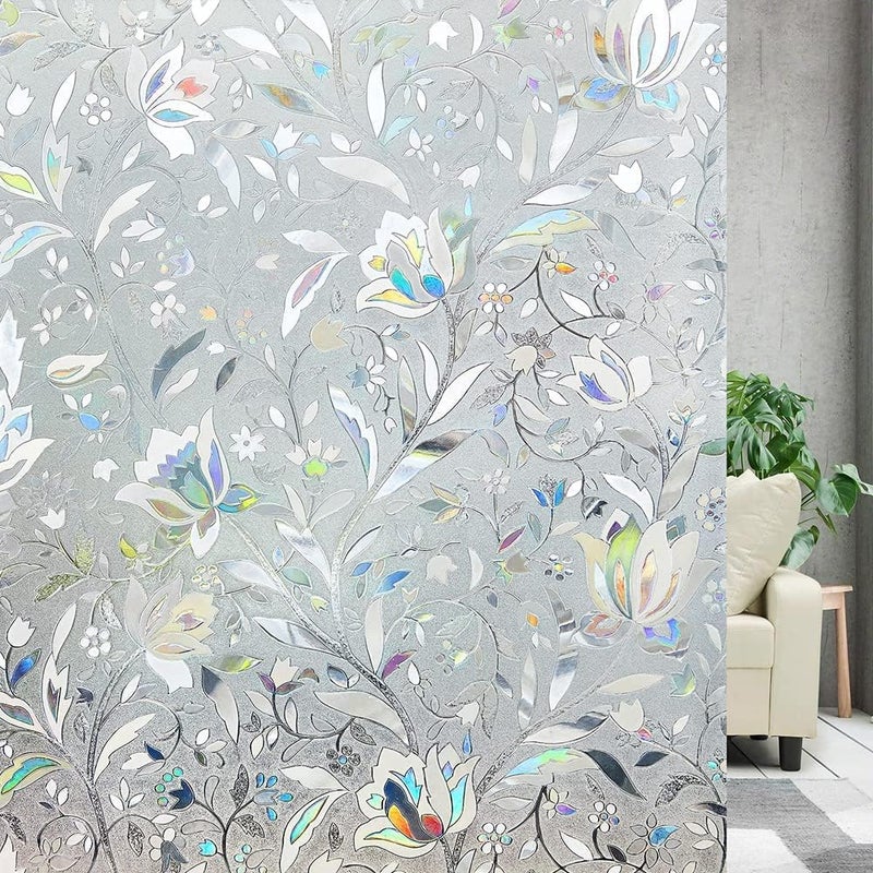 GREEWELT PVC Self Adhesive Heat Control Anti UV Flower 3D Privacy Film for Bathroom Door Window 170 X 41 CM White