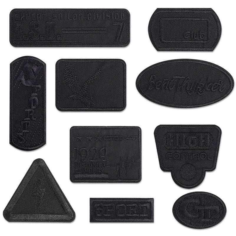 10Pcs Black Embroidered Patches Iron on and Sew on Applique Embroidery Badge Emblem Clothing Repair and Decoration Stickers for Clothes DIY Accessory Black