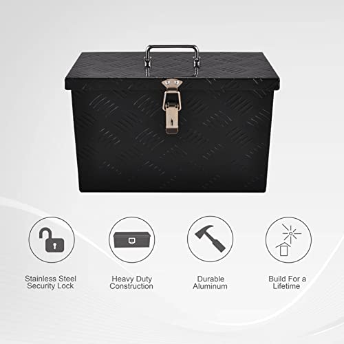 FGJQEFG 16 Inch Aluminum Truck Bed Tool Box Truck Car Outdoor Trailer Pickup Underbody Toolbox,RV Storage OrganizerTrailer Storage W/Side Handle&Lock,5 Bar Tread,Black(16"X7.5"X10") - Image 4