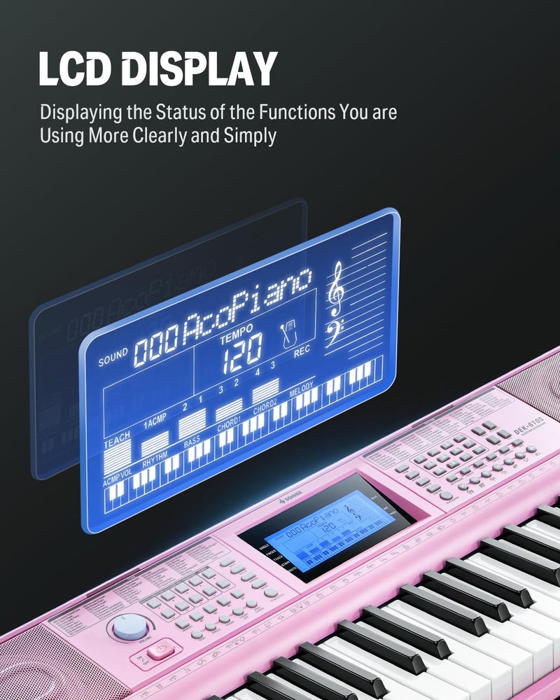 Donner 61 Key Keyboard Piano, Electric Piano Keyboard Kit with 249 Voices, 249 Rhythms - Includes Piano Stand, Stool, Microphone, Gift for Beginners, Pink (DEK-610S) - Image 3