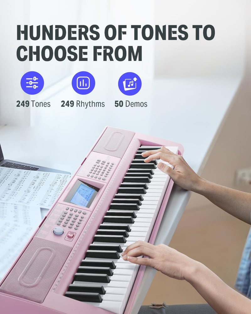 Donner 61 Key Keyboard Piano, Electric Piano Keyboard Kit with 249 Voices, 249 Rhythms - Includes Piano Stand, Stool, Microphone, Gift for Beginners, Pink (DEK-610S) - Image 2