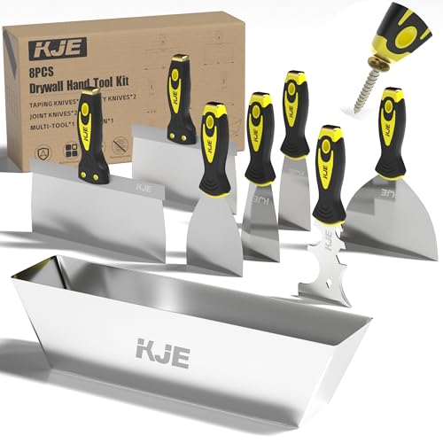 KJE 8PCS Drywall Tools, drywall knife set, drywall tool kit includes taping knives, putty knives, joint knives, and a mud pan, for Wall Work, espatulas para construccion - Image 1