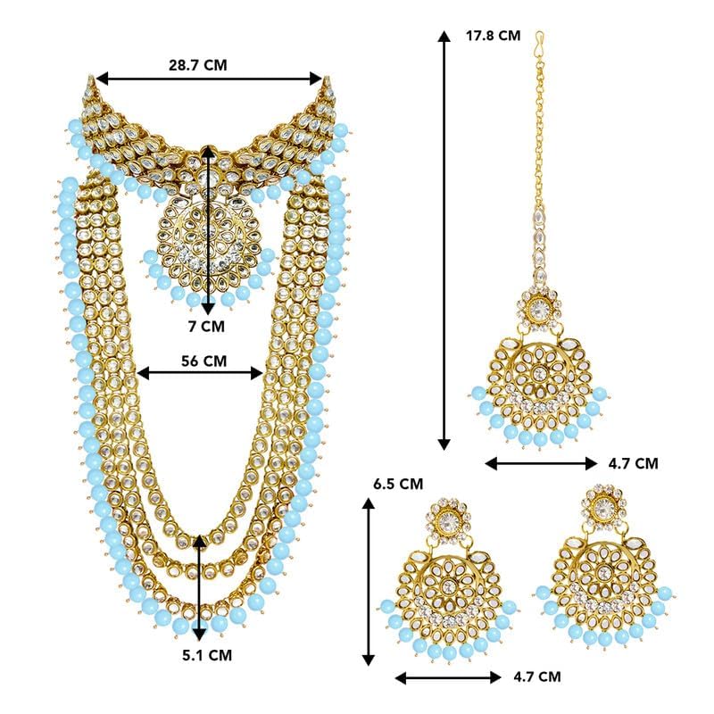 Aheli Wedding Designer Faux Kundan Beaded Indian Heavy Bridal Set Long Choker Necklace Earrings with Maang Tikka Traditional Jewelry for Women (Sky Blue) - Image 5