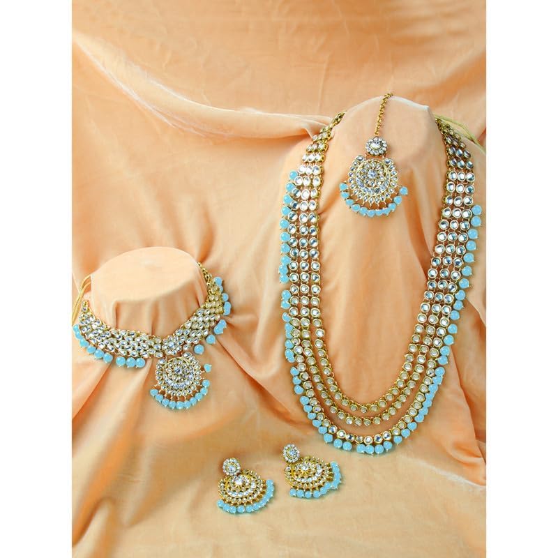 Aheli Wedding Designer Faux Kundan Beaded Indian Heavy Bridal Set Long Choker Necklace Earrings with Maang Tikka Traditional Jewelry for Women (Sky Blue) - Image 4