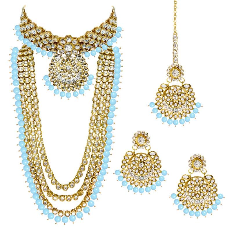 Aheli Wedding Designer Faux Kundan Beaded Indian Heavy Bridal Set Long Choker Necklace Earrings with Maang Tikka Traditional Jewelry for Women (Sky Blue) - Image 2