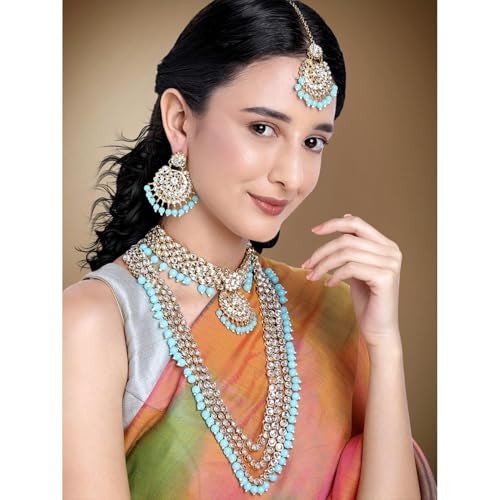 Aheli Wedding Designer Faux Kundan Beaded Indian Heavy Bridal Set Long Choker Necklace Earrings with Maang Tikka Traditional Jewelry for Women (Sky Blue) - Image 3