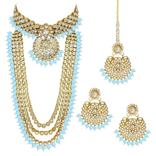 Aheli Wedding Designer Faux Kundan Beaded Indian Heavy Bridal Set Long Choker Necklace Earrings with Maang Tikka Traditional Jewelry for Women (Sky Blue) - Image 1