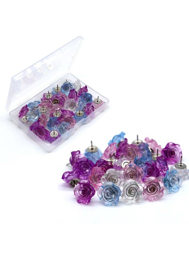 keepsweat Cute Rose Push Pins 30 Pcs Flower Decorative Push Pins for Cork Board Purple Pink Blue Thumb Tacks for Wall Bulletin Board Travel Map or Photo Floret Tacks Home Office Supplies - Image 1