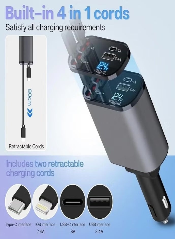 شاحن سيارة قابل للسحب، شاحن سريع 4 في 1 بمنفذي USB وكابل بطول 7 أمتار - محول سيارة صغير متعدد الأجهزة متوافق مع iPhone 15/14/13 و Galaxy S23/S24 - Image 4