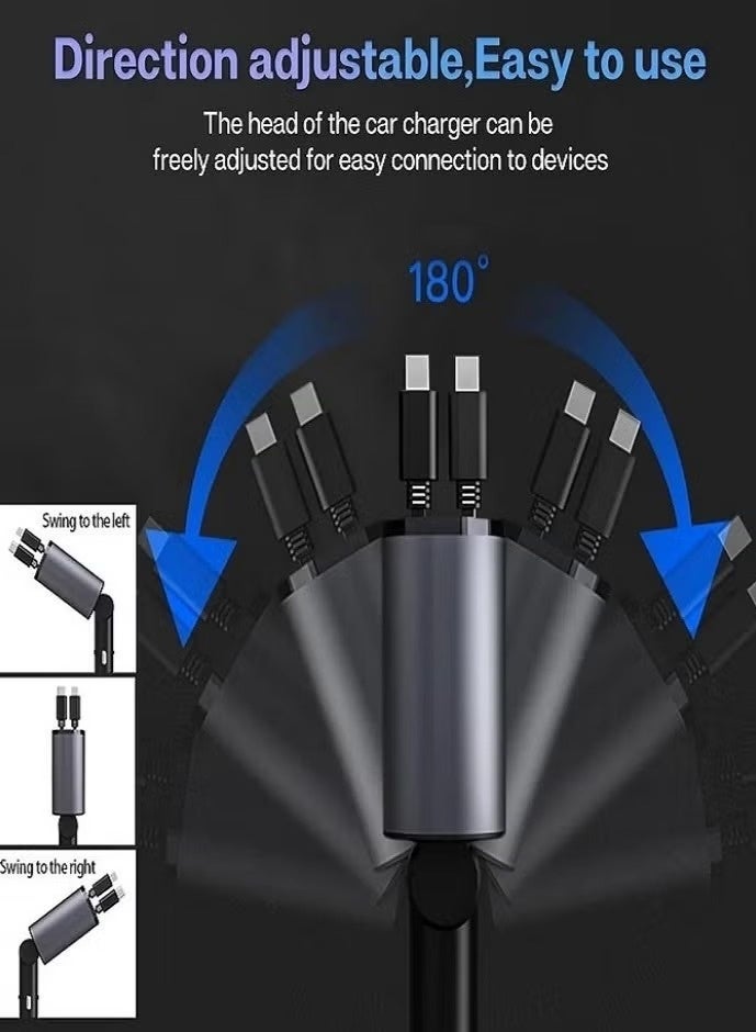 شاحن سيارة قابل للسحب، شاحن سريع 4 في 1 بمنفذي USB وكابل بطول 7 أمتار - محول سيارة صغير متعدد الأجهزة متوافق مع iPhone 15/14/13 و Galaxy S23/S24 - Image 5