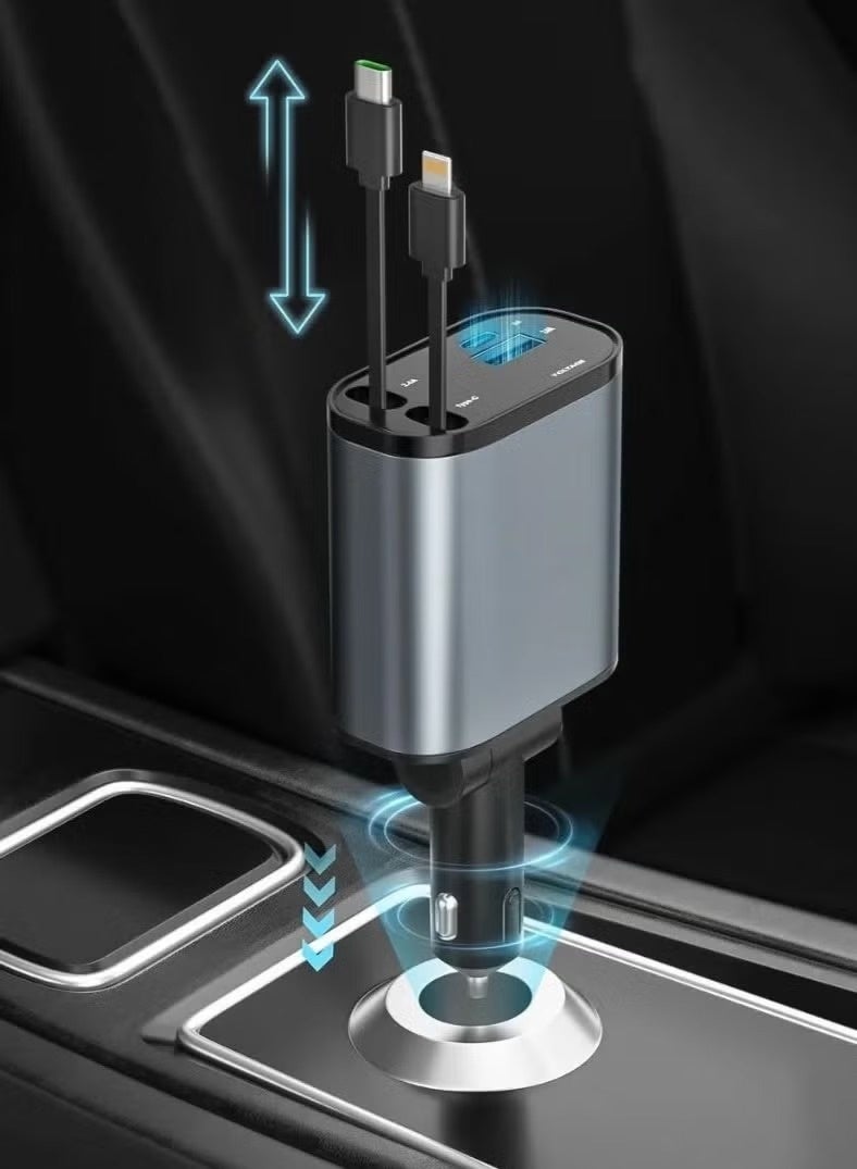 شاحن سيارة قابل للسحب، شاحن سريع 4 في 1 بمنفذي USB وكابل بطول 7 أمتار - محول سيارة صغير متعدد الأجهزة متوافق مع iPhone 15/14/13 و Galaxy S23/S24 - Image 1
