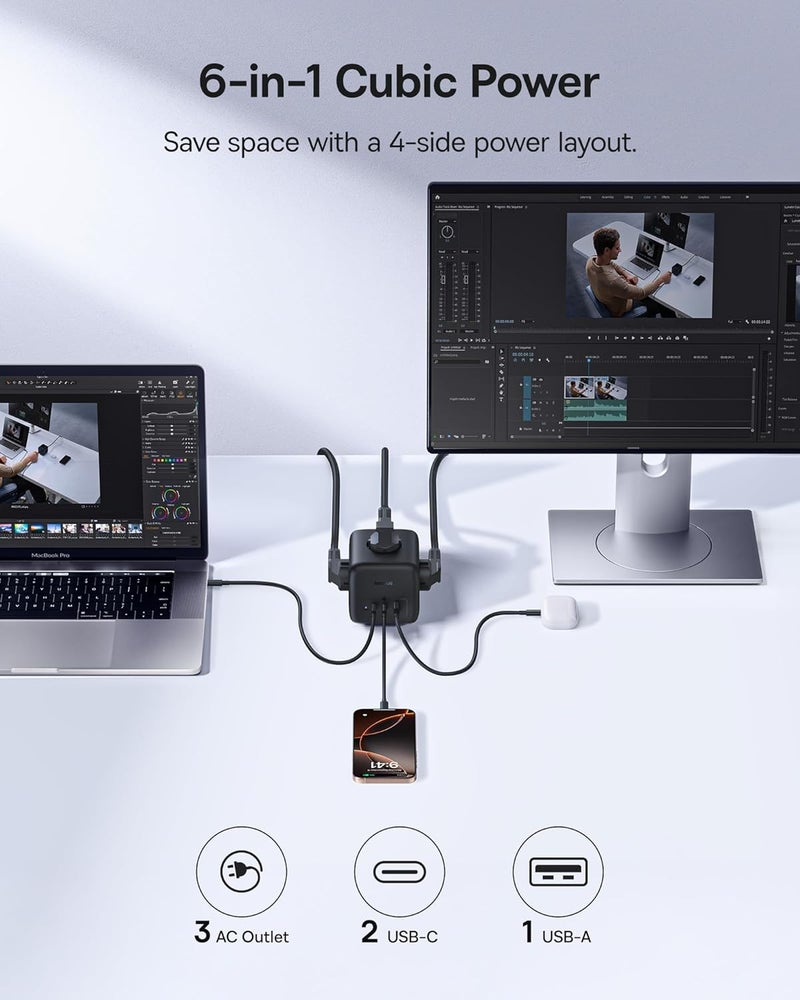 Baseus 67W Power Cube, USB C GaN6 Power Strip, USB C Charger, 3 Socket with Switch, Portable PD Charger for MacBook, iPad, iPhone, Galaxy, Home, Office, Travel - Image 2