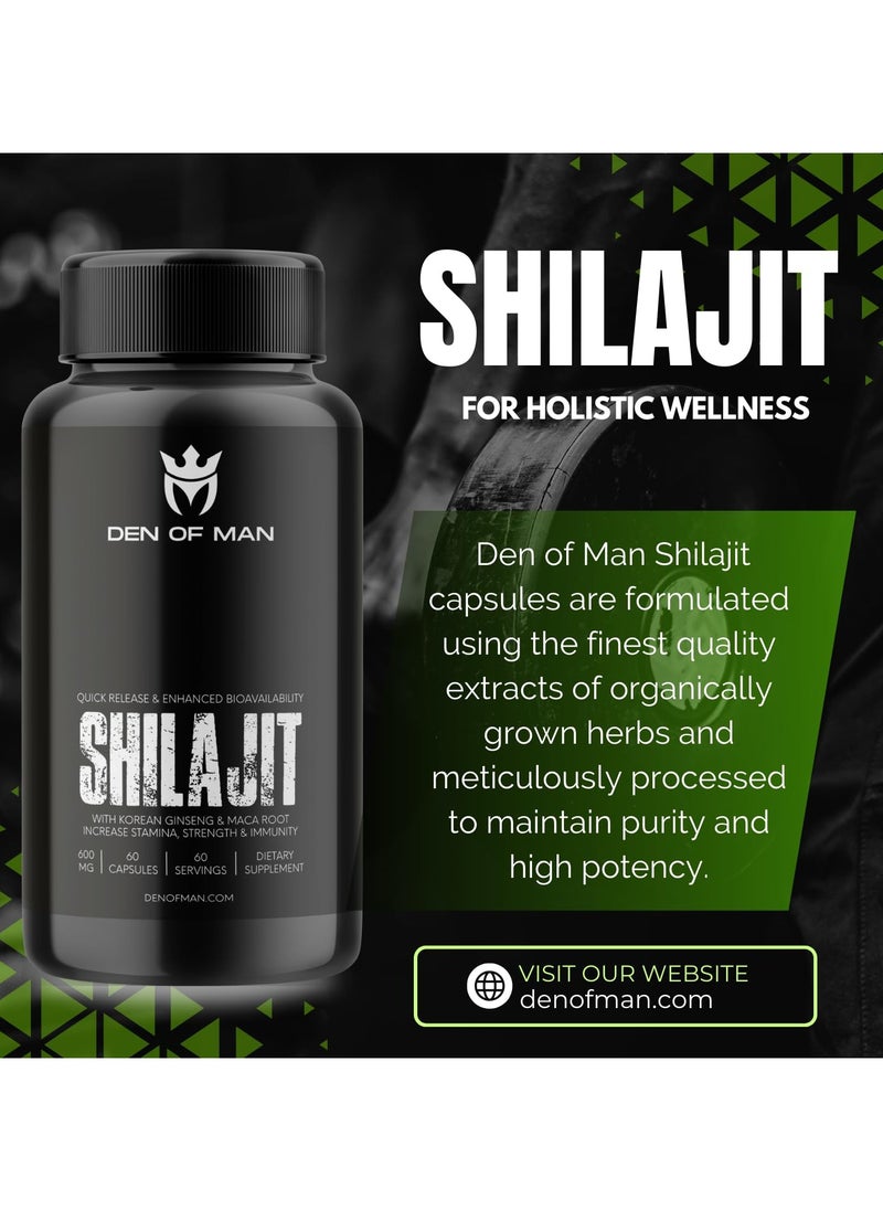 DEN OF MAN - Den of Man Shilajit Capsules 600mg Pure Himalayan Shilajit Extract with Fulvic Acid Korean Ginseng and Maca Root Extract Natural Energy Booster 60 Count - Image 1