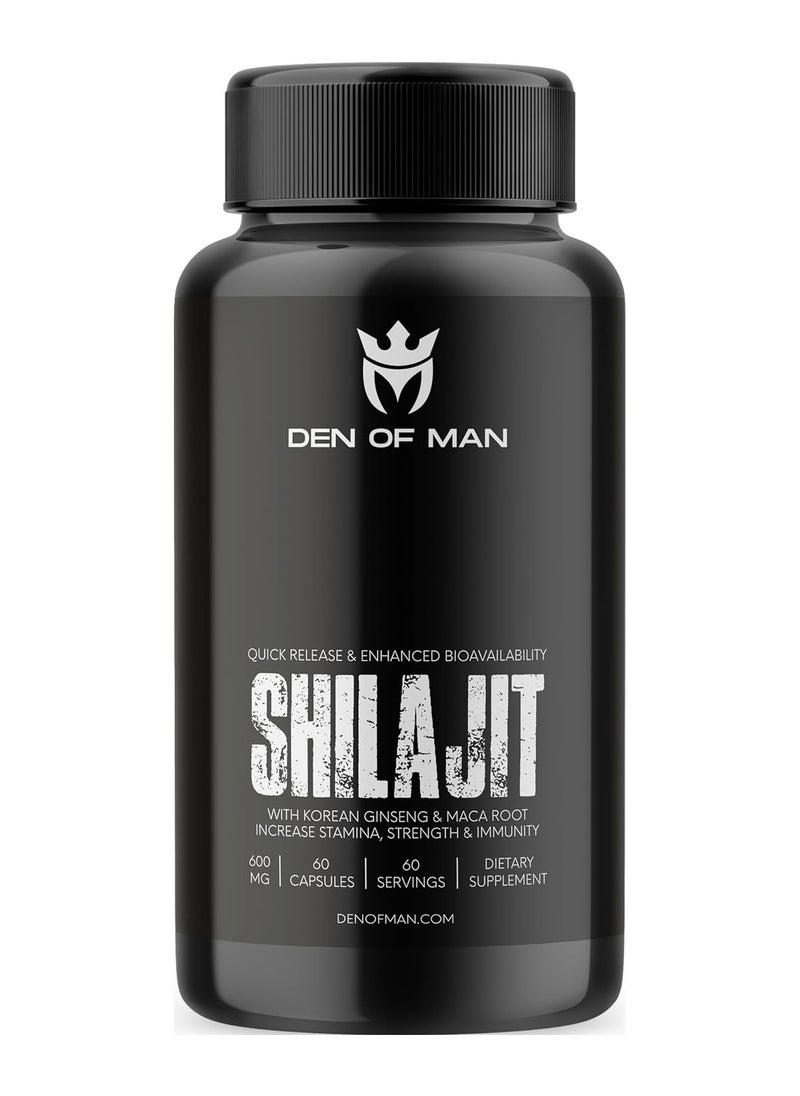 DEN OF MAN - Den of Man Shilajit Capsules 600mg Pure Himalayan Shilajit Extract with Fulvic Acid Korean Ginseng and Maca Root Extract Natural Energy Booster 60 Count - Image 1