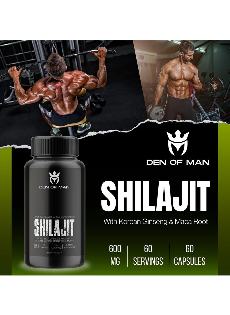DEN OF MAN - Den of Man Shilajit Capsules 600mg Pure Himalayan Shilajit Extract with Fulvic Acid Korean Ginseng and Maca Root Extract Natural Energy Booster 60 Count - Image 1