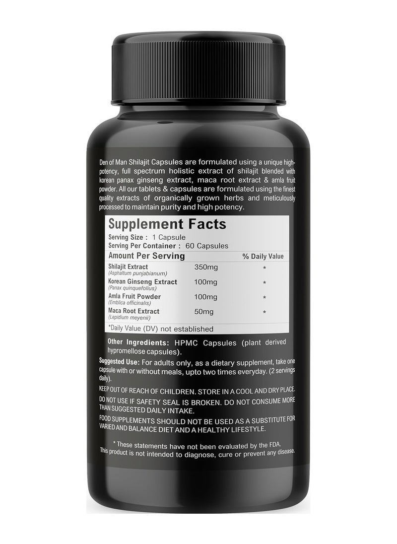 DEN OF MAN - Den of Man Shilajit Capsules 600mg Pure Himalayan Shilajit Extract with Fulvic Acid Korean Ginseng and Maca Root Extract Natural Energy Booster 60 Count - Image 1