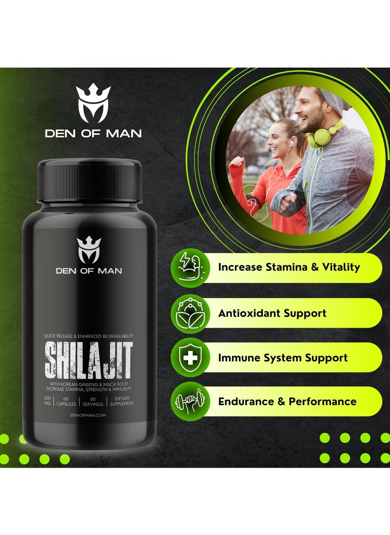 DEN OF MAN - Den of Man Shilajit Capsules 600mg Pure Himalayan Shilajit Extract with Fulvic Acid Korean Ginseng and Maca Root Extract Natural Energy Booster 60 Count - Image 1