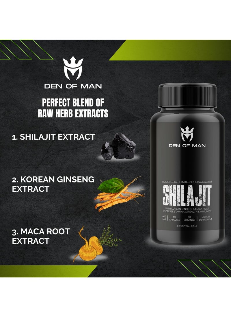 DEN OF MAN - Den of Man Shilajit Capsules 600mg Pure Himalayan Shilajit Extract with Fulvic Acid Korean Ginseng and Maca Root Extract Natural Energy Booster 60 Count - Image 1