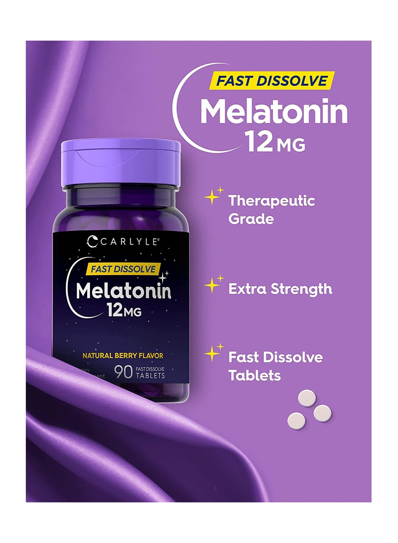 Carlyle Melatonin 12 mg Fast Dissolve 90 Tablets, Natural Berry Flavor Vegetarian, Non-GMO, Gluten Free 