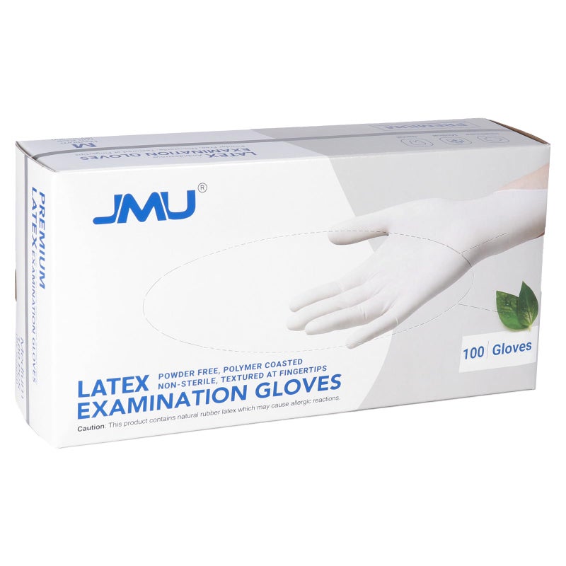JMU 100 Pcs Latex Gloves Medium, 5 Mil Thick White Medical Exam Latex Gloves Powder-Free - Image 1
