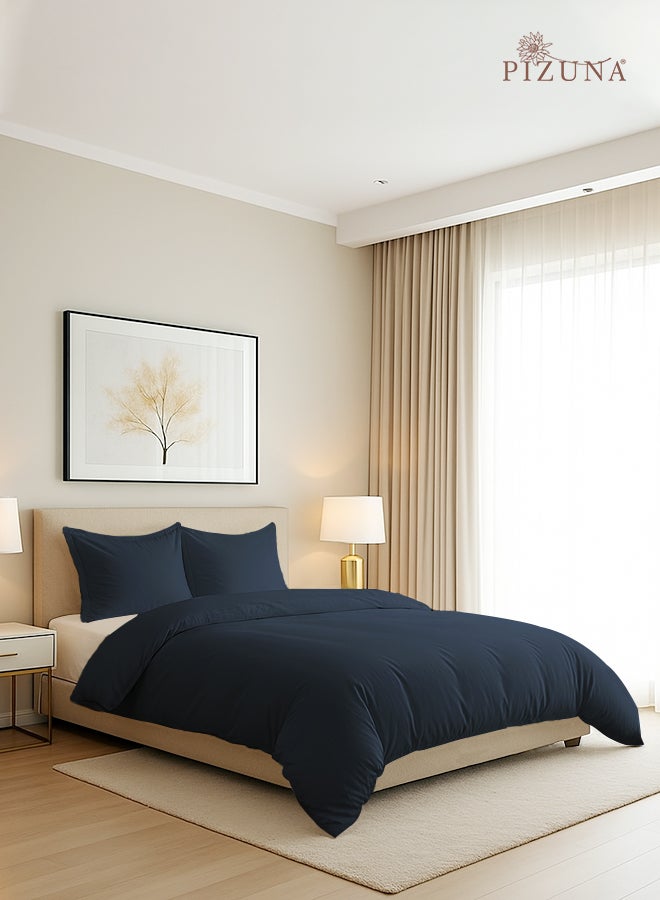 PIZUNA Pure Combed Cotton Duvet Cover Double 200x200 cm Dark Blue, 400 Thread Count Cool Breathable 100% Long Staple Cotton Sateen Weave Quilt Cover & 2 Pillowcases (Luxurious Bedding Set) - Image 1