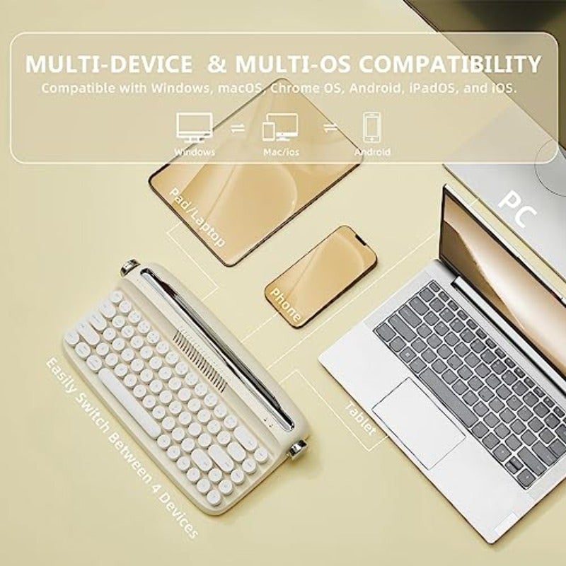 Upgraded Wireless Typewriter Keyboard Retro Aesthetic with Integrated Stand Cute Round Keycaps USB-C Bluetooth Connection for Table Phone PC and Win Mac Android Ivory Butter B307 - Image 3