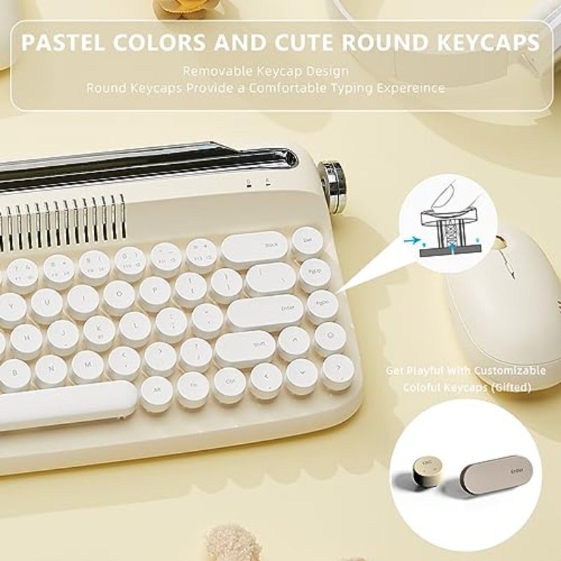 Upgraded Wireless Typewriter Keyboard Retro Aesthetic with Integrated Stand Cute Round Keycaps USB-C Bluetooth Connection for Table Phone PC and Win Mac Android Ivory Butter B307 - Image 4