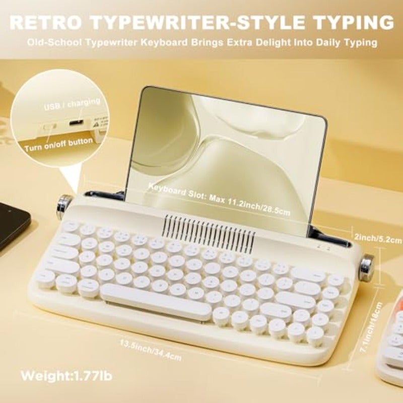 Upgraded Wireless Typewriter Keyboard Retro Aesthetic with Integrated Stand Cute Round Keycaps USB-C Bluetooth Connection for Table Phone PC and Win Mac Android Ivory Butter B307 - Image 2