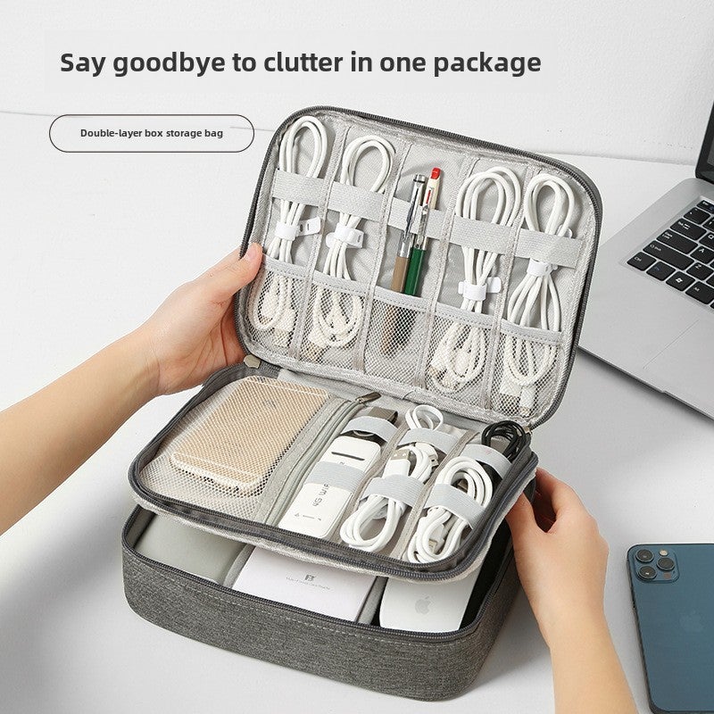 Data cable storage bag mobile power box charging cable travel portable digital accessories finishing bag double layer(Double gray 25.5*19.5*8.5) - Image 2