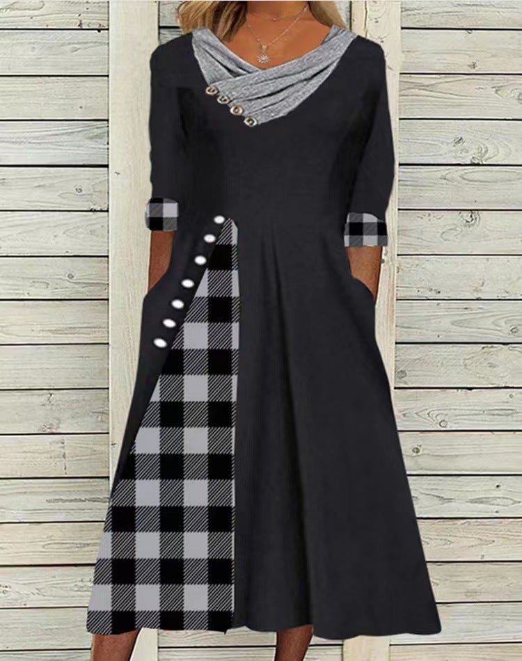 2021 cross-border early autumn temperament commuter pullover mid-waist ethnic style slim stitching gray midi dress greyprint2 XL - Image 1