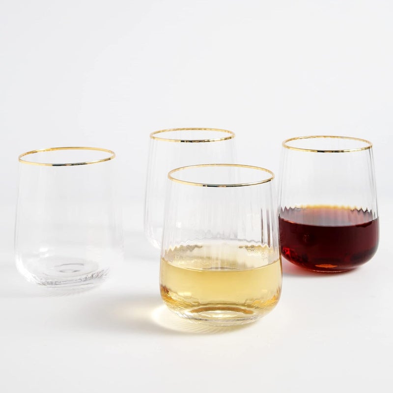 Lysenn Stemless Wine Glasses Set of 4 - Premium Hand Blown Drinking Glasses for White and Red Wine - Elegant Vertical Stripe and Gold Rim Design - Clear 15oz - Image 1