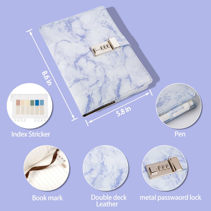 Kutoda Marble Diary with Lock, 192 Pages College Ruled Secret Journal with Lock, Waterproof A5 locked journal for women, Cute Diary Stuff for Teen Girls (Purple) - Image 3