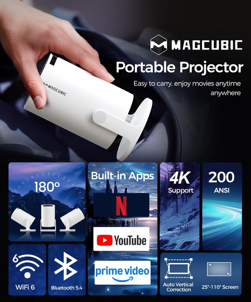 MAGCUBIC بروجكتور ميني ماجكيوبيك مع واي فاي وبلوتوث، دعم 4K بروجكتور ذكي محمول، بروجكتور صغير مع 200ANSl وتصحيح تلقائي، دوران 180 درجة بروجكتور فيديو HY300Pro لغرفة النوم، الأفلام، في الهواء الطلق - Image 2