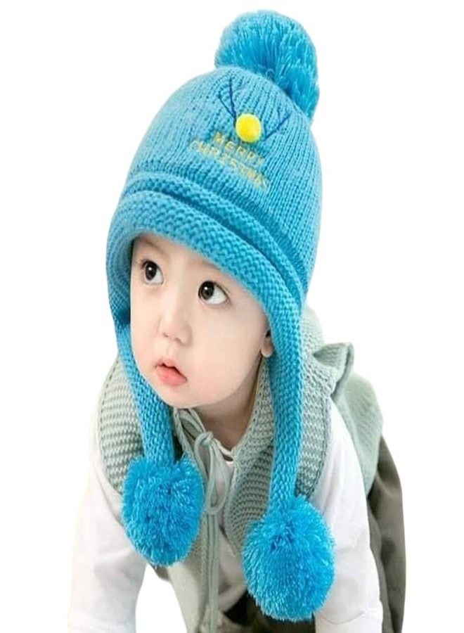 قبعة شتوية للأطفال الرضع والصغار، قبعة صوفية ناعمة ودافئة من الفرو المخملي المحبوك، قبعة أنيقة من الأكريليك والليكرا بتصميم غزال مع كرة صوفية، قبعة صغيرة مع مدفأة للأذنين (من عمر سنتين إلى 6 سنوات) (أزرق) - Image 1