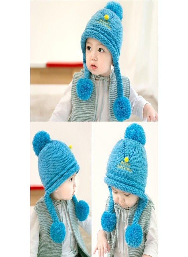 قبعة شتوية للأطفال الرضع والصغار، قبعة صوفية ناعمة ودافئة من الفرو المخملي المحبوك، قبعة أنيقة من الأكريليك والليكرا بتصميم غزال مع كرة صوفية، قبعة صغيرة مع مدفأة للأذنين (من عمر سنتين إلى 6 سنوات) (أزرق) - Image 2