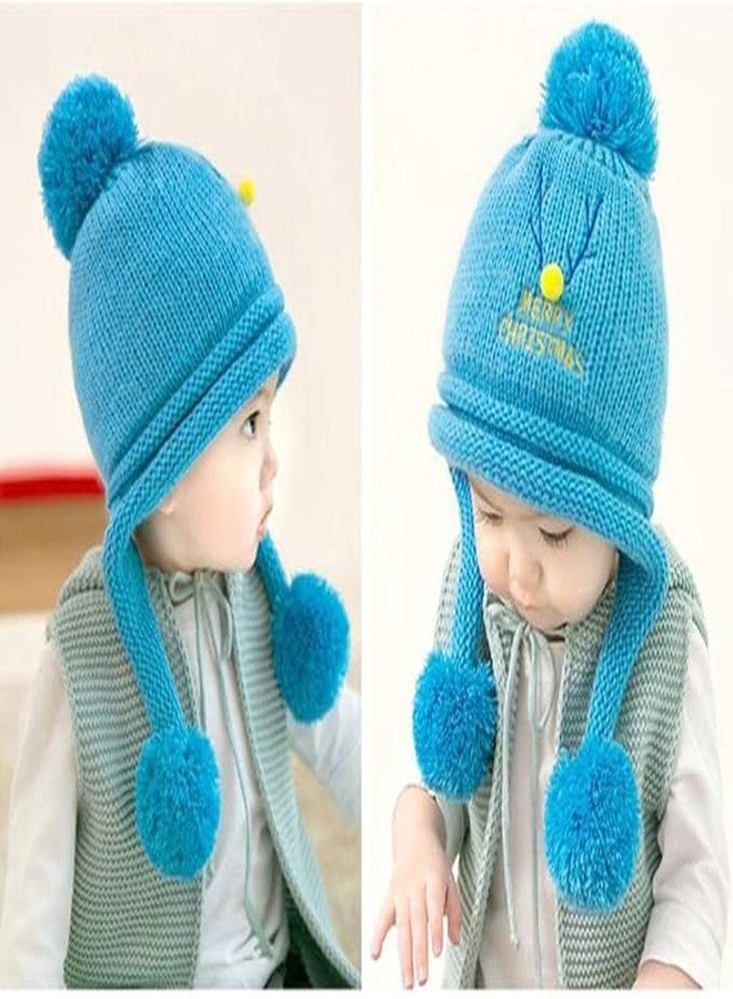 قبعة شتوية للأطفال الرضع والصغار، قبعة صوفية ناعمة ودافئة من الفرو المخملي المحبوك، قبعة أنيقة من الأكريليك والليكرا بتصميم غزال مع كرة صوفية، قبعة صغيرة مع مدفأة للأذنين (من عمر سنتين إلى 6 سنوات) (أزرق) - Image 4