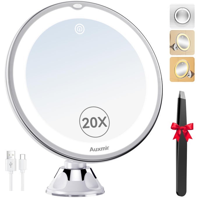 20X MAGNIFYING MIRROR RECHARGEABLE LED MAGNIFYING MIRROR WITH STRONG LOCKING SUCTION CUP 360 ROTATING 3 LIGHT COLORS DIMMABLE TOUCH SWITCH FOR SHAVING BATHROOM WITH TWEEZER