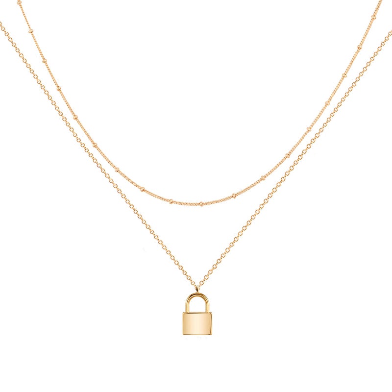 MEVECCO Gold Dainty Layer Lock Necklace,18K Gold Plated Cute Delicate Tiny Layered Bead Chain Necklace,Trendy Minimalist Necklace for Women - Image 1