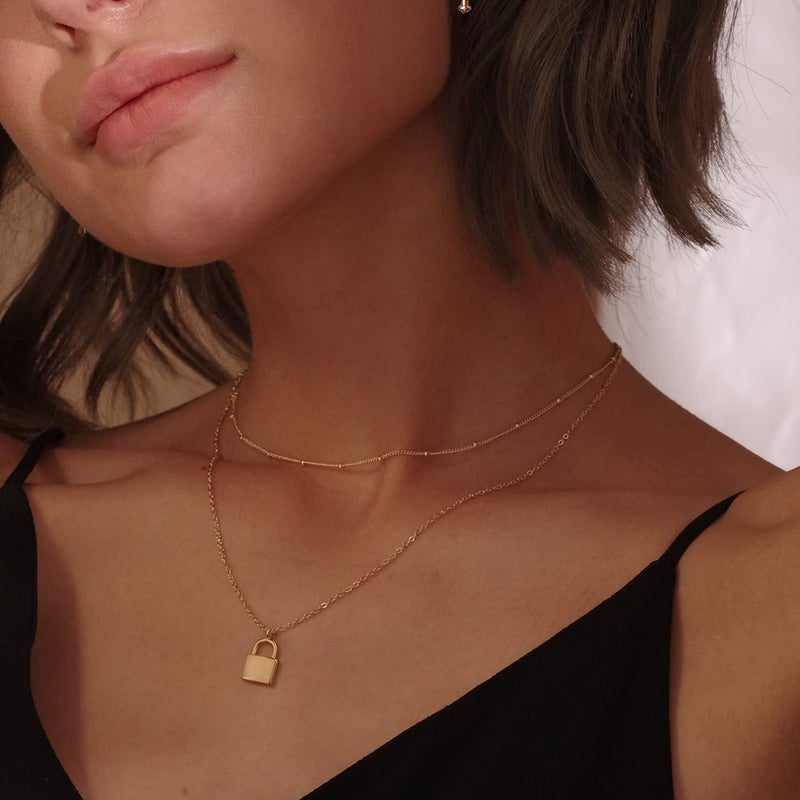 MEVECCO Gold Dainty Layer Lock Necklace,18K Gold Plated Cute Delicate Tiny Layered Bead Chain Necklace,Trendy Minimalist Necklace for Women - Image 3
