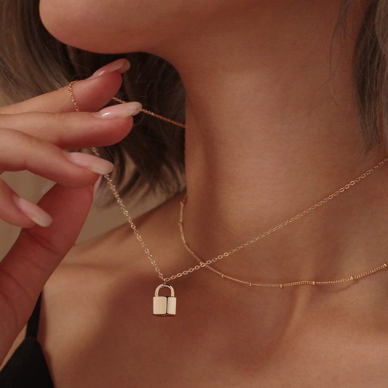 MEVECCO Gold Dainty Layer Lock Necklace,18K Gold Plated Cute Delicate Tiny Layered Bead Chain Necklace,Trendy Minimalist Necklace for Women - Image 2