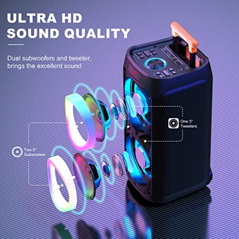 Karaoke Machine with 2 Wireless Microphones for Adults, 8" Subwoofer Big Bluetooth Speaker with 500W Peak Power, PA System with DJ Light - Image 2