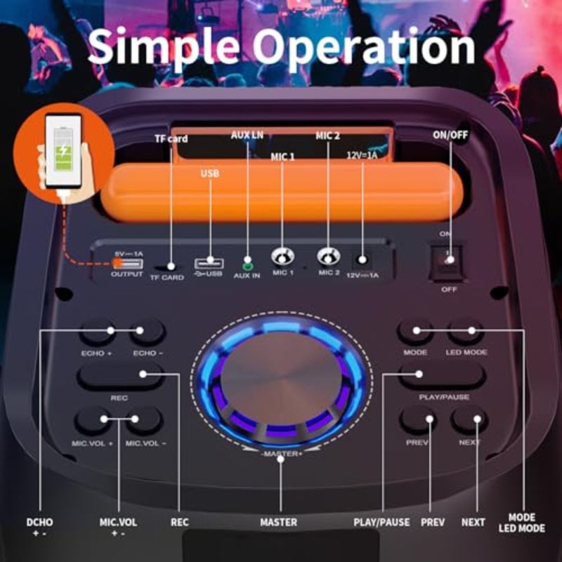 Karaoke Machine with 2 Wireless Microphones for Adults, 8" Subwoofer Big Bluetooth Speaker with 500W Peak Power, PA System with DJ Light - Image 3