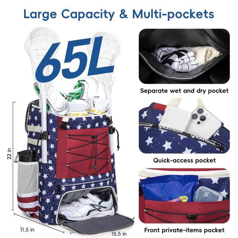 KAVIGOR Lacrosse Bag 65L, Extra Large Lacrosse Gear Backpack with Multi-Pocket Design, Helmet Holder & Ventilated Shoe Compartment - Image 2