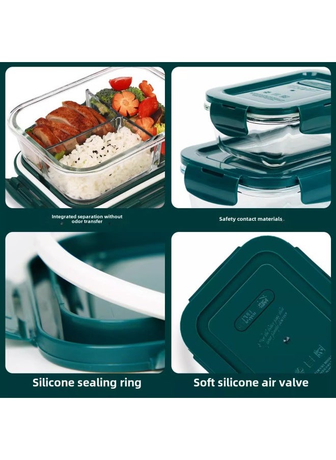 Office Workers Glass Lunch Box Can Enter The Microwave Oven Heating Special Compartment Lunch Box Round Fresh-keeping Bowl Students With Lunch Box-Specifications: Round 700 Soup Bowl + Fresh Green Heightening Separated Length 1060 (send Insulation Bag + Tableware)