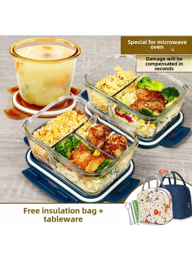 Office Workers Glass Lunch Box Can Enter The Microwave Oven Heating Special Compartment Lunch Box Round Fresh-keeping Bowl Students With Lunch Box-Specifications: Round 700 Soup Bowl + Fresh Green Heightening Separated Length 1060 (send Insulation Bag + Tableware)