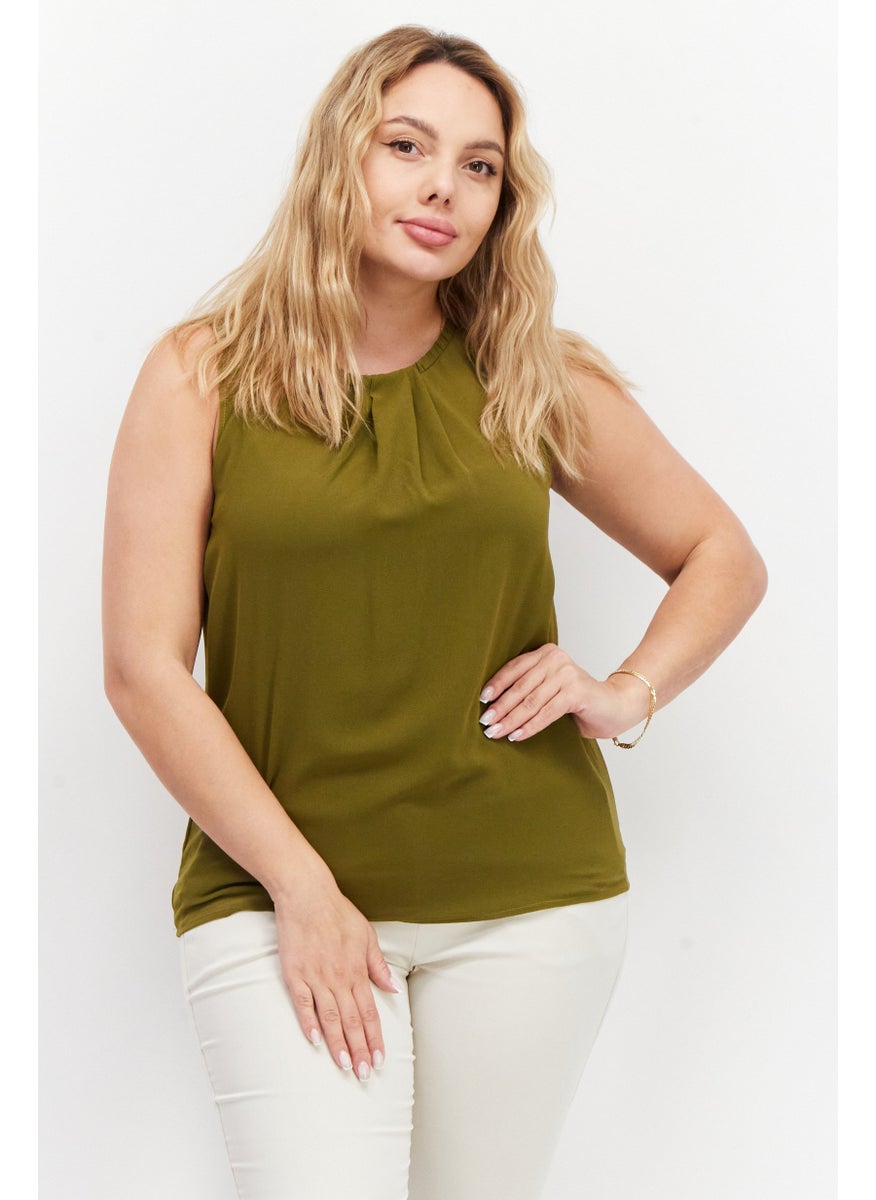 Zero Women Round Neck Sleeveless Plain Blouse, Dark Olive  - Image 1