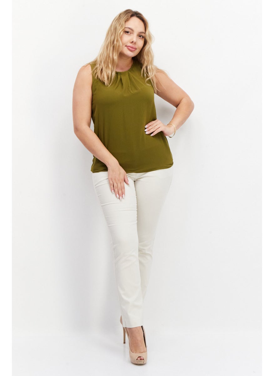 Zero Women Round Neck Sleeveless Plain Blouse, Dark Olive  - Image 2