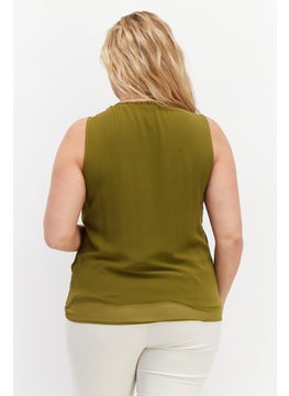 Zero Women Round Neck Sleeveless Plain Blouse, Dark Olive  - Image 4